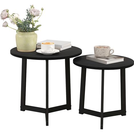 Ensemble de 2 tables basses modernes, structure en métal, MDF, forme ronde, empilables, noires (1/5)