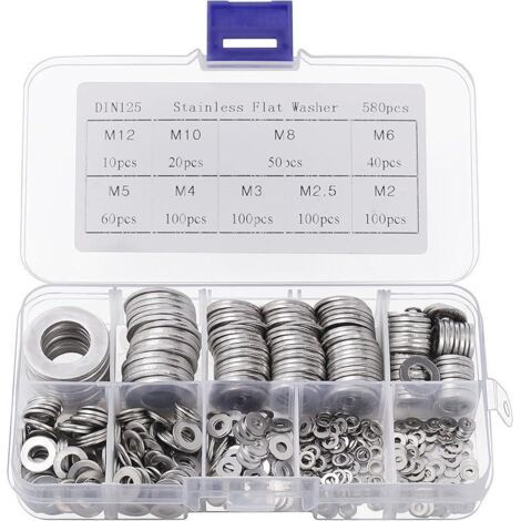 Belle Vous Rondelle Inox avec Boîte de Rangement (Lot de 580) - Assortiment de 9 Tailles M2, M2.5, M3, M4, M5, M6, M8, M10 &amp M12 - Lot de Rondelles Métal - Réparations, Usines &amp Décoration Intér (1/4)