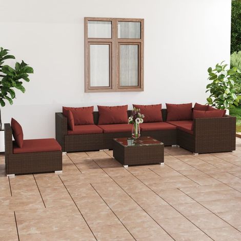 7-tlg. Garten-Lounge-Set mit Kissen Poly Rattan Braun (1/5)