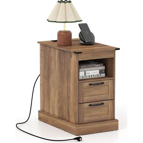 COSTWAY Tavolino con Cassetti e Stazione di Ricarica, Comodino con Mensola Aperta, 2 Cassetti, 2 Prese AC, Porta USB e Porta Type-C, Tavolino da Divano e Letto per Salotto e Camera da Letto (Marrone) (1/5)