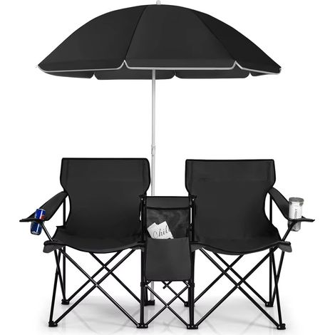 Chaise de camping pour deux personnes avec parasol, dotée d'une poche latérale et d'un porte-gobelet, chaise de plage portable — Idéale pour le camping et les pique-niques