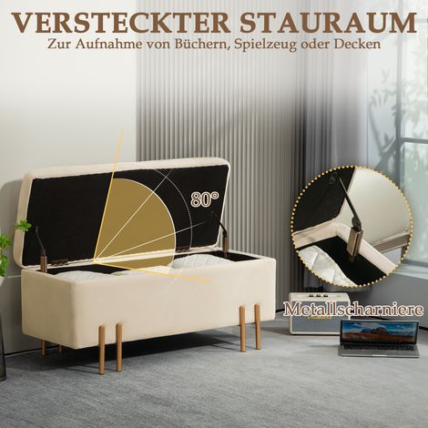 Coffre-banquette rembourré en mousse, métal et bois d'hévéa, avec espace de rangement, 100x40x42 cm, couleur beige