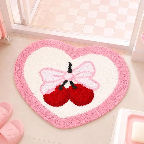 Badematte Cœur Et Cerise, Tapis De Bain Moelleux, Tapis Doux pour Salle De Bain, Tapis De Douche Confortable, Tapis De Toilette 45x60cm (1/5)