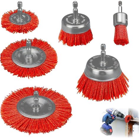 Brosse nylon 6 pièces avec tige hexagonale 6 tailles pour dérouillage et nettoyage des surfaces métalliques (1/5)