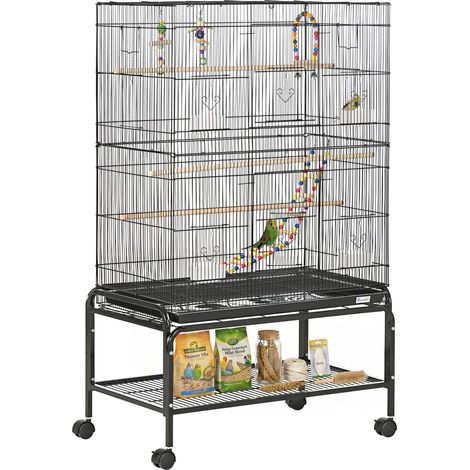 Jaula para Pájaros con Ruedas 79x49x133 cm Pajarera Metálico con 4 Comederos 3 Perchas Juguetes para Periquitos Negro (1/5)
