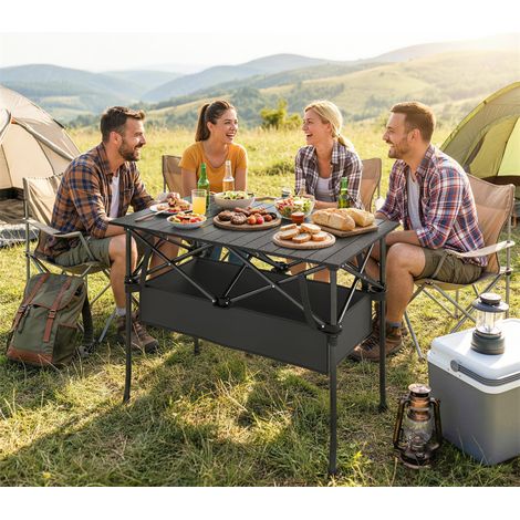 Mesa de picnic plegable y enrollable, mesa de camping portátil con estante de malla y bolsa de transporte para uso en exteriores, color negro.