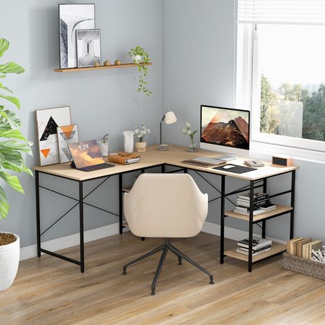 Bureau d'Angle, Bureau Informatique 151x151x75 cm Ajustable pour 2 Personnes - 4 Étagères - Naturel CW5891 Maison Chic (1/2)