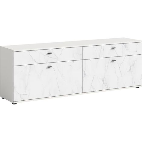 Stone meuble tV 2 portes battantes, 2 tiroirs marbre décor blanc. (1/5)