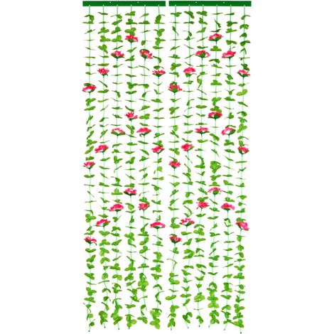 Rideau de porte motif Feuilles et Roses, Rideau anti insectes, Fabriqué à la main, Fixations autoadhésives, Polyester,90x190 cm, Vert et rose