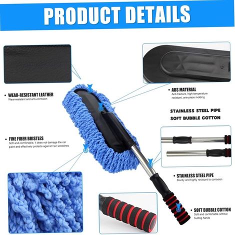 Brosse télescopique de lavage de voiture, grande brosse à poussière et à cire pour le nettoyage automobile, noir et bleu (1/2)