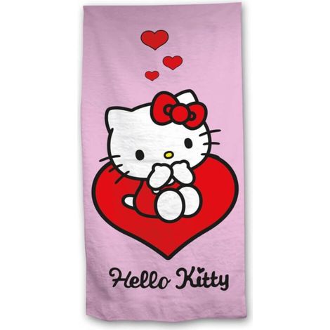 Serviette de plage Rose - Hello Kitty est assise sur un cœur rouge - 70x140 cm (1/3)