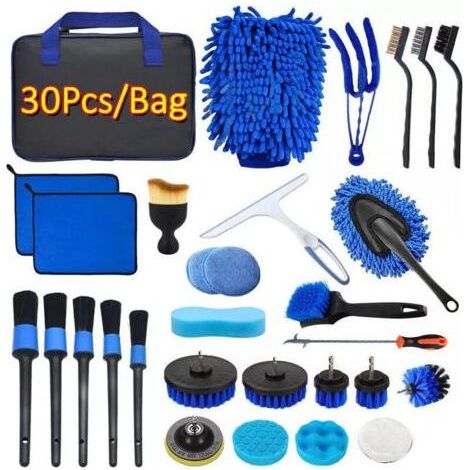 Kit Nettoyage Voiture, 30 Pcs Kit de Brosse Nettoyage Voiture pour l'intérieur et l'extérieur, Kit de Lavage de Voiture Inclure Brosses, Éponges de Polissage, Sac de Transport Pratique Inclus (1/5)