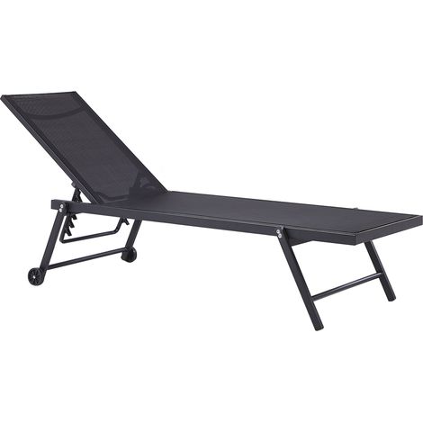 Tumbona de jardín asiento sintético negro estructura de aluminio 198 x 61 cm respaldo reclinable con ruedas patio Portofino