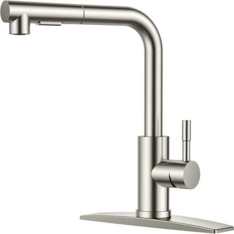 Robinet de cuisine en acier inoxydable nickelé brossé, modèle classique à douchette extractible et mitigeur monocommande avec cache, compatible avec une ou trois installations. (1/5)
