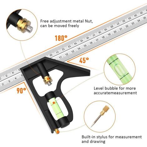 Équerre Combinée, Outils de Menuiserie Carrée en Acier Inoxydable de 12'/300 mm, Règle de 45/90 Degrés avec Niveau à Bulle. (1/3)
