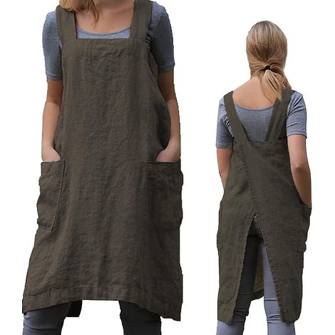Tablier de jardinage pour femme, tablier croisé dans le dos avec poches, tablier japonais pour le travail, le jardinage, la cuisine, la peinture et la pâtisserie (1/5)