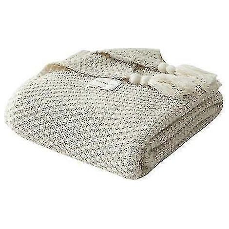 Couverture tricotée à pompons, coussin de canapé beige 70 x 100 cm (1/5)