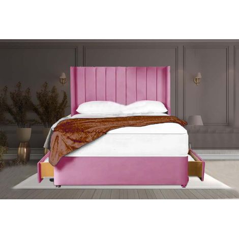 4FT6 Double Pink Plush Divan Bed Set, Vertical Headboard, 10'' Spring Foam Mattress, 2 Drawers