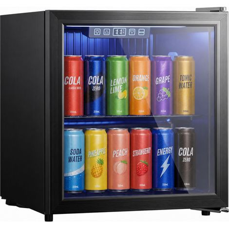 HOMCOM frigorífico de bebidas 50 L, mini nevera con puerta de vidrio doble, iluminación LED, estante ajustable, 2-18℃, para 48 latas