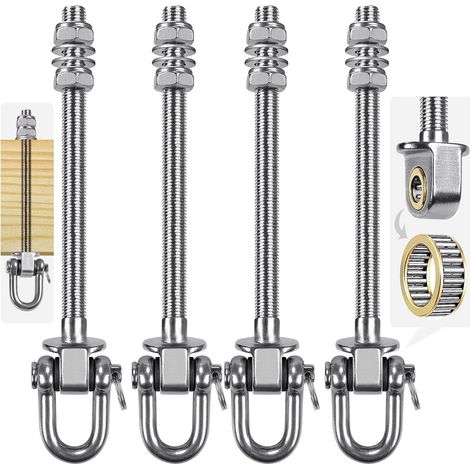 Crochets de balançoire lourds en acier inoxydable avec roulements (lot de 4), boulons de balançoire M10 x 22,9 cm, capacité 816 kg pour poutre en bois et acier, hamac de yoga, balançoire de (1/5)