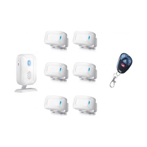 Pack 6 Capteurs de mouvement + Récepteur + Télécommande - Alarme de sécurité, carillon de sonnette sans fil intelligente, 4 LED, porte fenêtre magasin (1/5)