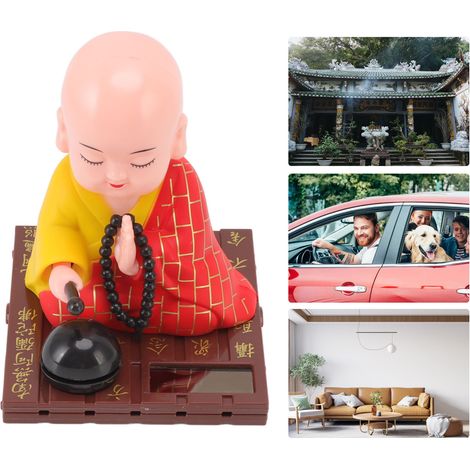 Figura decorativa de monje budista [Plástico / Rojo] Pequeña figura de monje con energía solar, sensor de luz y mecanismo de golpeo automático para oficina, hogar, coche o como regalo. (1/5)