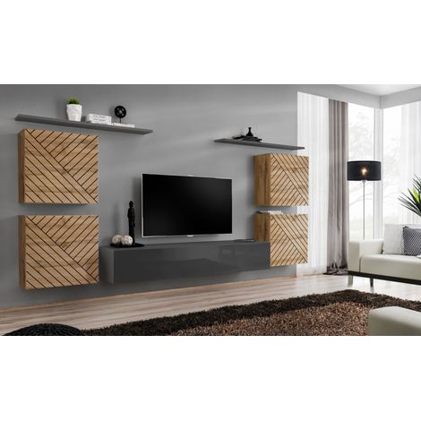 Ensemble de 7 meubles muraux "Switch IV " pour TV en bois - Beige et Gris - L 320 x H 160 x P 40 cm - Livraison gratuite