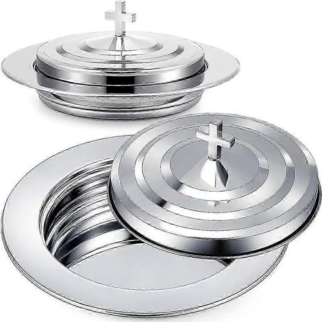 Abendmahlsbesteck aus silberfarbenem Edelstahl mit Deckel, Brotschale und Tellern für die Kirche, komplettes eucharistisches Begräbnis mit Schutzhülle (1/5)