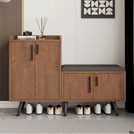 Schuhschrank mit Sitzbank, 4 Türen, 120 x 34 x 82,8 cm, Holz und Metall, natur, OKMYHOME (1/5)