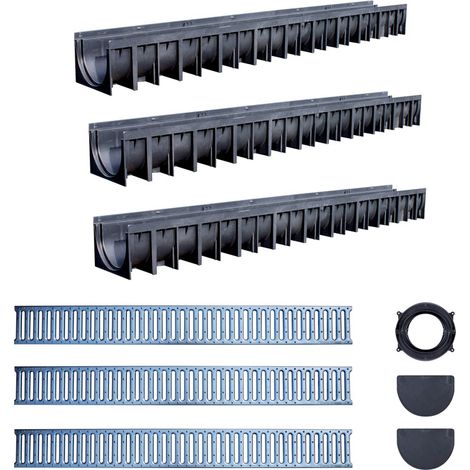 Fitt – Caniveau de voirie 3m – Kit complet avec grilles acier galvanisé A15 – Drainage efficace pour surfaces carrossables – PEHD