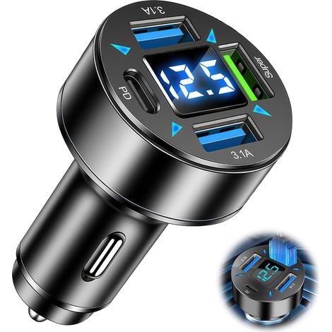 LaBlanc - Caricabatterie da auto USB a 4 porte, USB C PD 66W, presa di ricarica USB QC3.0 con voltmetro a LED, compatibile con iPhone, Android, Samsung, tablet, compatto e leggero, sicurezza avanzata