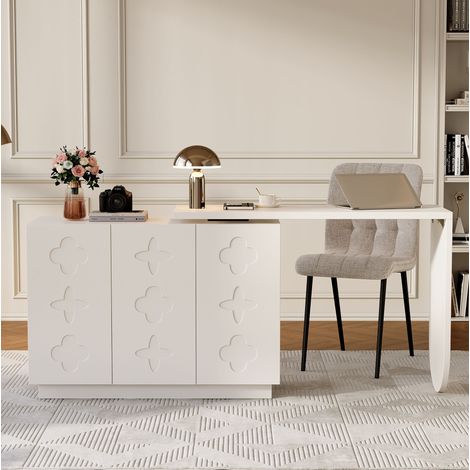 Bureau ordinateur compact pivotant MDF blanc 110 cm OKMYHOME (1/5)