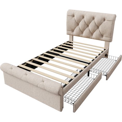 Lit simple rembourré 90x200 cm avec matelas, 2 tiroirs, tête de lit réglable, naturel, HOMVRA (1/5)