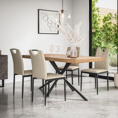 Donni Dining Table And Chairs - Oak Effect Table Top w Black Legs + Monza Faux Leather Dining Chair Set Of 4 (Beige) (1/5)