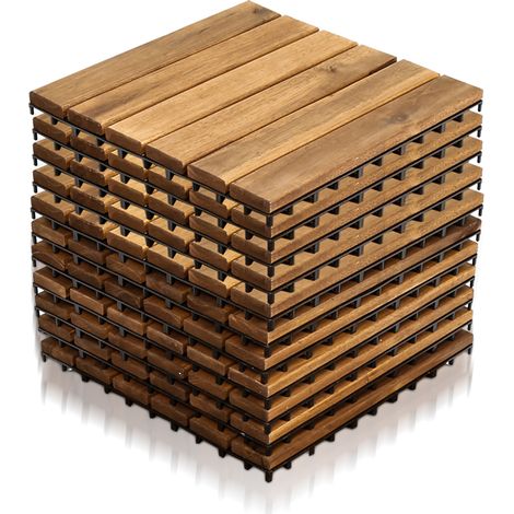 Randaco Lot de 11 dalles en bois dalles de terrasse 6 lattes 1 m², 30 x 30 cm, Dalles clipsables en bois d'acacia