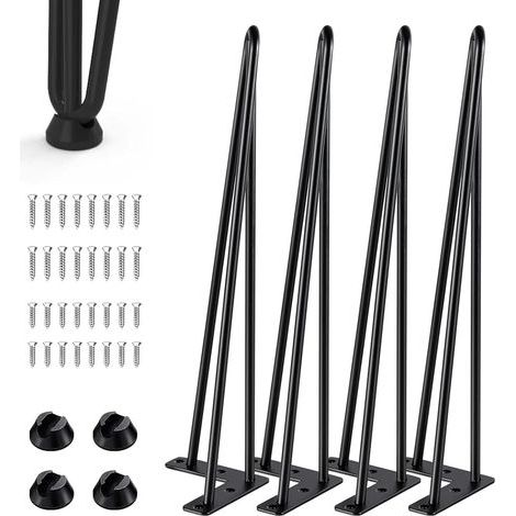Lot de 4 pieds de table en épingle à cheveux - 3 barres - Pieds de meubles en métal avec protection de sol - Hauteur : 40 cm - Pour tables basses, tables basses, bureaux, tables à manger (1/5)