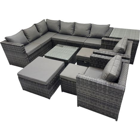Fimous Rattan Garden Furniture Patio Furniture Sets with Corner Sofa Square Coffee Table 3 Footstools Side Table Dark Grey Mixed (1/5)