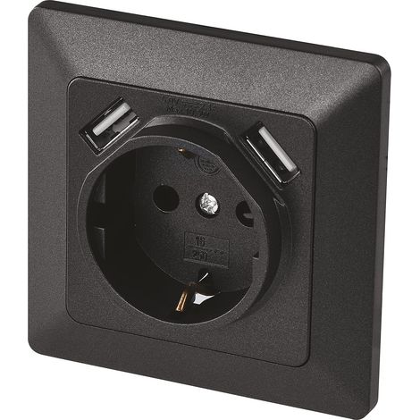 Prise encastrée avec 2 ports USB Schuko Système 55 Prise de contact de protection 5 V/2,1 A pour téléphone portable ou smartphone Anthracite 4000 W 250 V Noir (1/5)