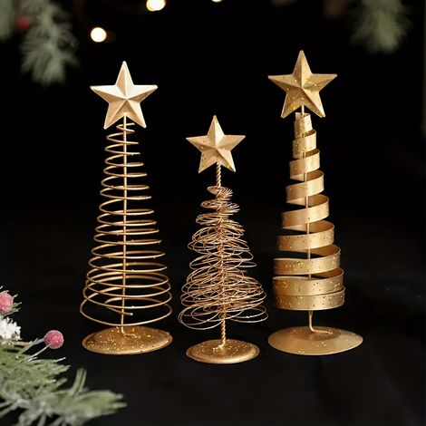 Lot de 3 mini sapins de Noël dorés - Décorations de table élégantes avec base stable, centre de table vintage en bouteille (1/5)