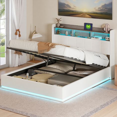 Estructura de cama para adolescentes 140x200 cm con USB - LED e hidráulico - Terciopelo blanco - Mobiliario moderno (1/5)