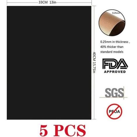 Tapis de cuisson pour barbecue - Lot de 5 - Antiadhésif - 40 x 33 cm - Noir (1/4)