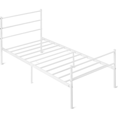 Cadre de Lit avec Tête de Lit, Antidérapant avec Lattes en Acier, Métal Non Pliable, 90 x 200cm, Simple, Blanc (1/5)