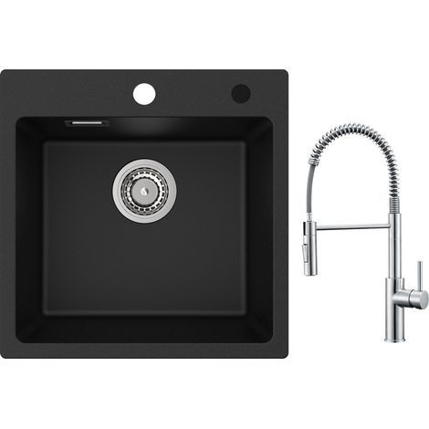 Cecipa Evier 1 Bac en Quartz et Résine 45x45cm Evier de Cuisine Evier à Encastrer 1 cuve + Mitigeur de Cuisine à Ressort avec Douchette Extractible, Robinet Evier 2 Modes de Sortie D'eau, Brossé (1/5)
