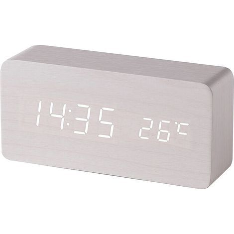 (White) Wooden Digital Alarm Clock with LED Sound Control, Dual USB Battery Powered, Silent Wooden Clock with LED, Home Decorations