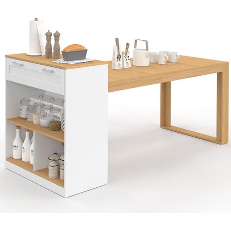 Ilot central avec table à manger 5 personnes GARY 190 cm blanc et plateau bois (1/5)
