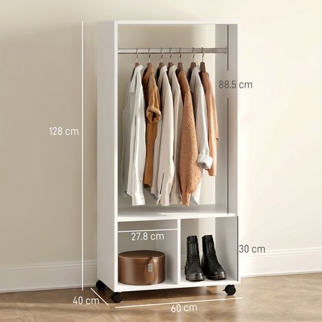 Porte-manteau avec barres en aluminium et deux étagères ouvertes, en aggloméré, 60 x 40 x 128 cm, blanc (1/5)
