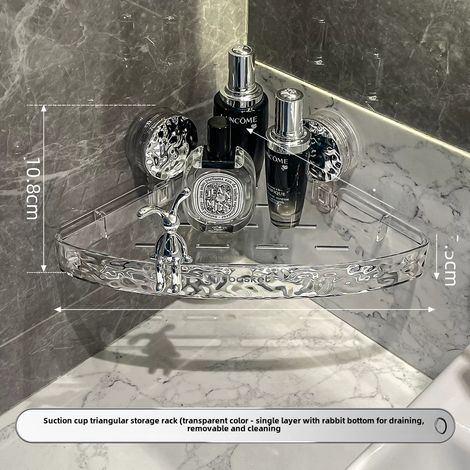 Étagère de rangement triangulaire transparente argentée pour WC avec ventouse et lapin, sans perçage, fixation murale, étagère d'angle pour lavabo, gain de place (1/5)