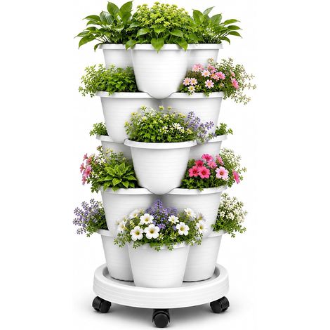 Jardinière sur Pied 5 Niveaux Empilable avec roulettes Bloquables, pour Intérieur, Extérieur et Balcon, pour Herbes, Fraises et Légumes, Blanc (1/5)