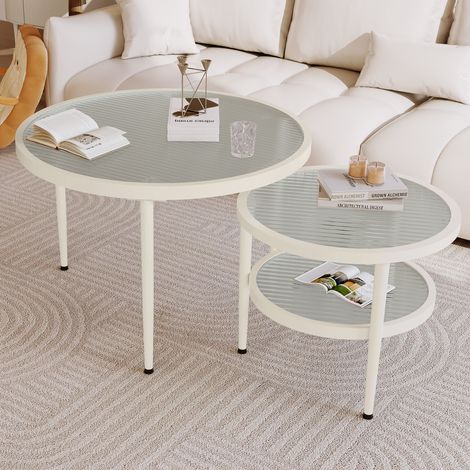 Lot de 2 tables d'appoint rondes - Plaque de verre à vagues d'eau, Peinture blanc crème- 70/45 (1/5)