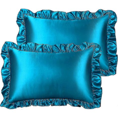 Set aus 2 luxuriösen, gerüschten Kissenbezügen, Retro-Stil, seidig-satinierte Kissenbezüge mit Rüschen, 85 g/m² Satin-Kissenbezüge mit Hotelverschluss, Standardgröße 45 x 45 cm, Pfauenblau